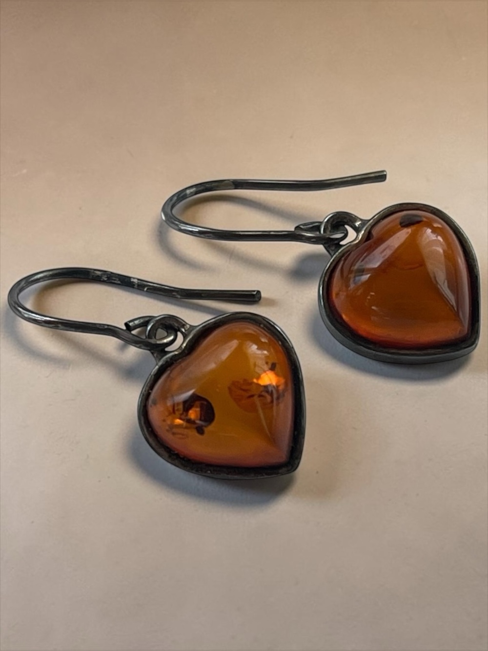 Heart Shaped Cognac Baltic Amber Sterling Silver Drop Earrings